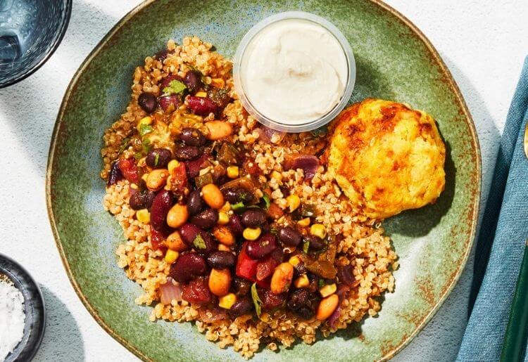 Three Bean Vegan Chili with Cornbread Casserole & Tofu-Based Crema